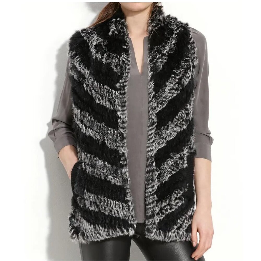 MARC by MARC JACOBS Black & Gray Striped Rabbit Fur Vest